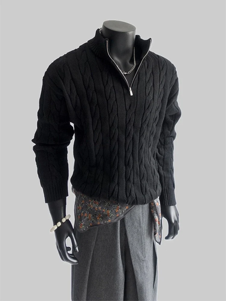

Men's Knitted Sweater Half Zipper Stand Collar Autumn Winter Casual Style Inner Wear Linen Patterned Long Sleeve Thermal Top