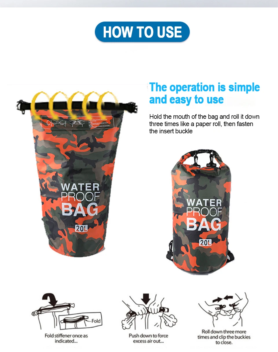 2/5/10/15/30L Outdoor Camouflage Wasserdichte Trockentaschen Tragbare Rafting Tauchen Trockentasche Sack PVC Schwimmtaschen für Flusstrekking – Detail 7