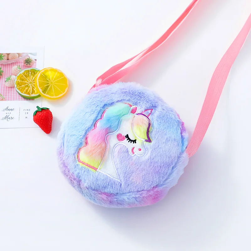 Kawaii Unicorn Bag For Girls Plush Shoulder Bag Children Crossbody Bags Mini Round Messenger Bag Kid Keys Coin Purse Small Pouch