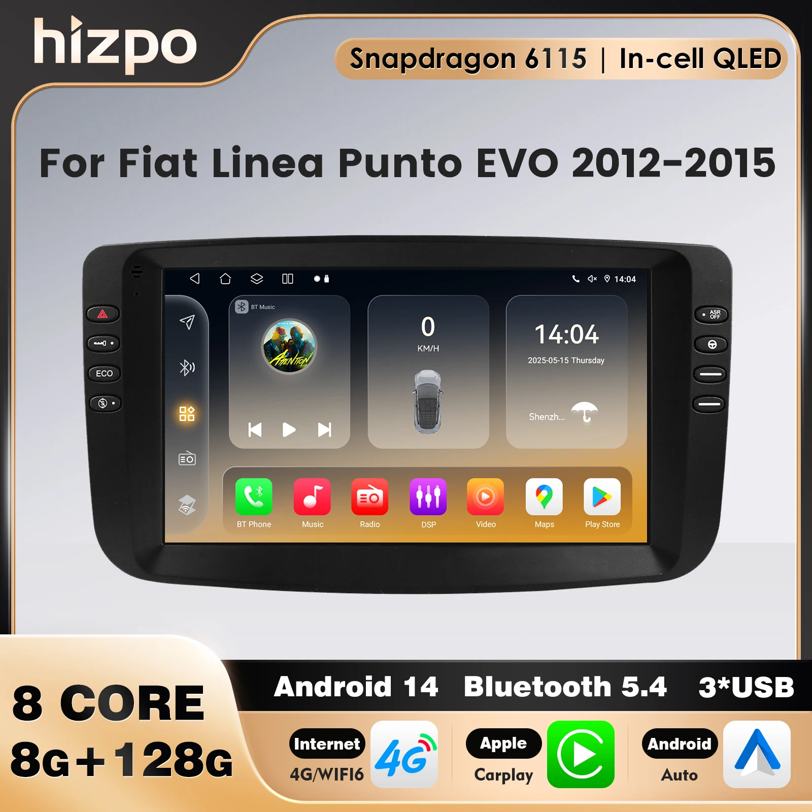 9 "Android 14 Carplay inalámbrico para Fiat Linea Punto EVO 2012-2015 Snapdragon AutoRadio reproductor Multimedia estéreo GPS WIFI 4G TLE