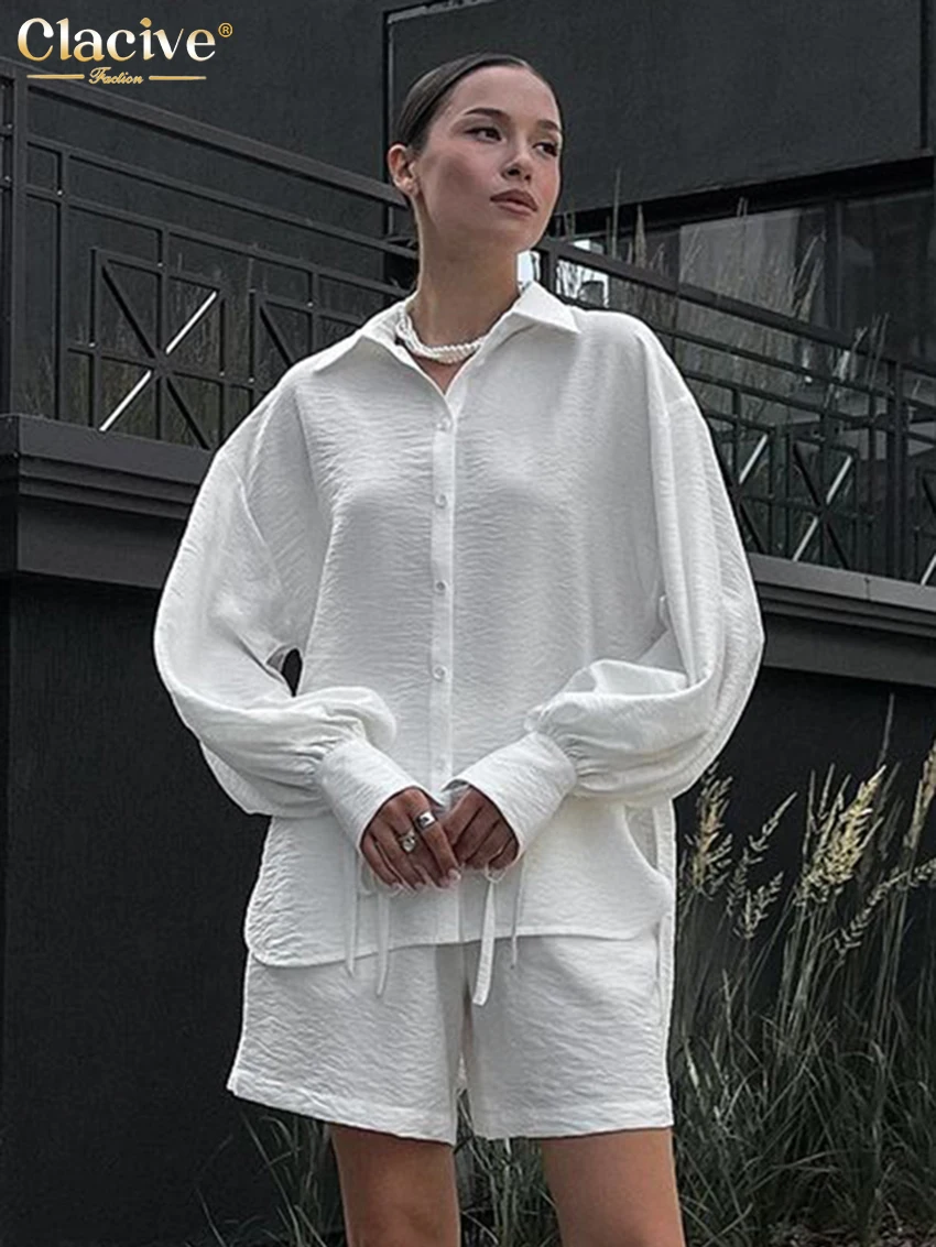 

Clacive Fashion Loose White 2 Piece Sets Women Outfit 2025 Casual Long Sleeve Blouse With High Waist Shorts Set Female Clothing