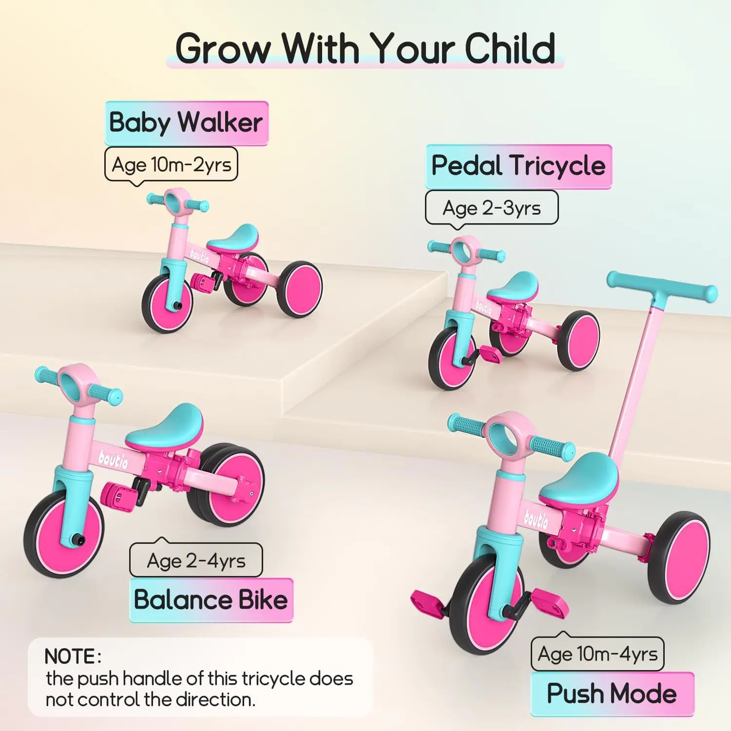 Kids Tricycle with Push Handle for Toddlers 1-4 Years Old Boys Girls Gift, 5 in 1 Baby Balance Bike for Toddlers 1-3 with Remova