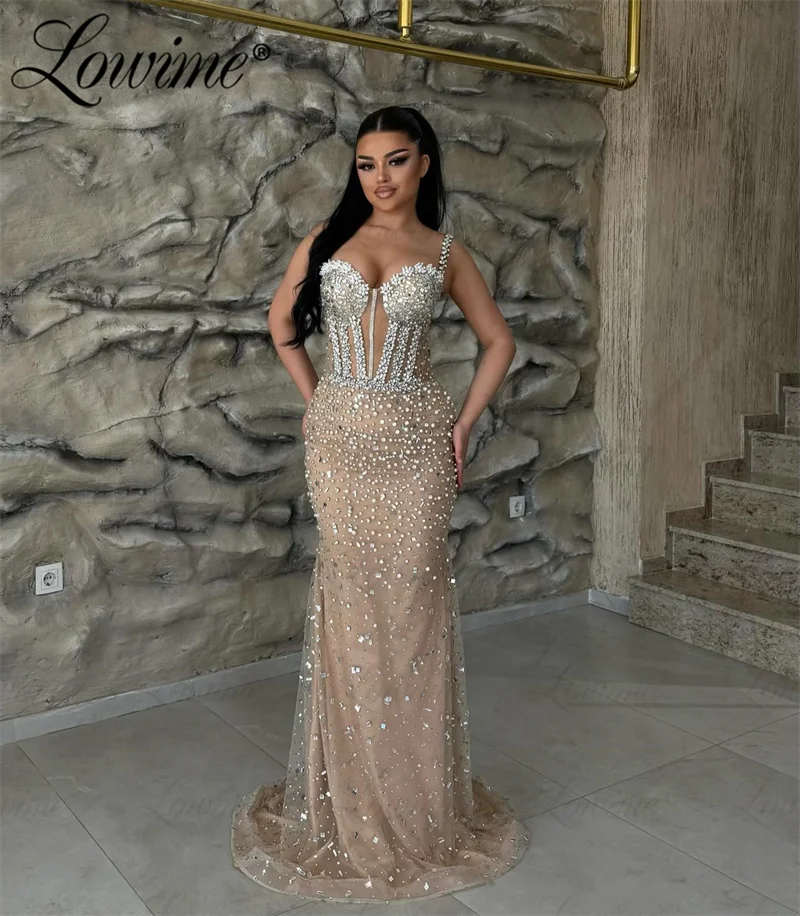 Dark Champagne Arabic Evening Dress Heavy Crystals Women Aso Ebi Crystals Mermaid Prom Dress Wedding Engagement Gowns Dresses