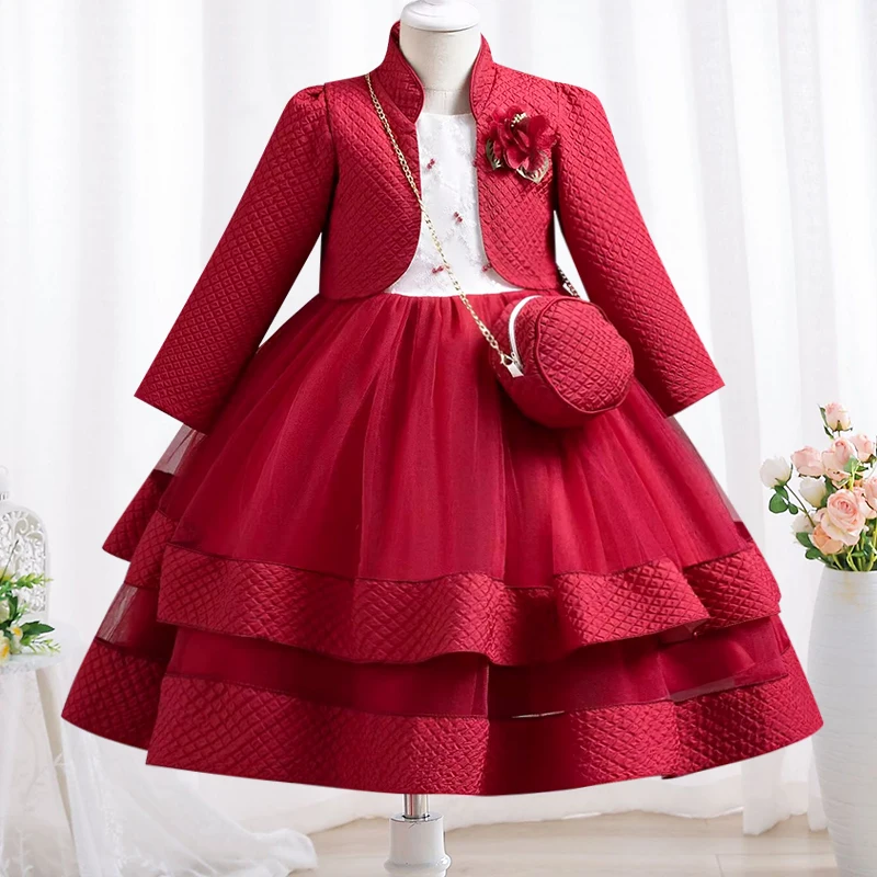 New Autumn/Winter Long Sleeve Party Dress Elegant Girl Embroidery Christmas Performance Dress Gift Bag for Children Aged 3-11