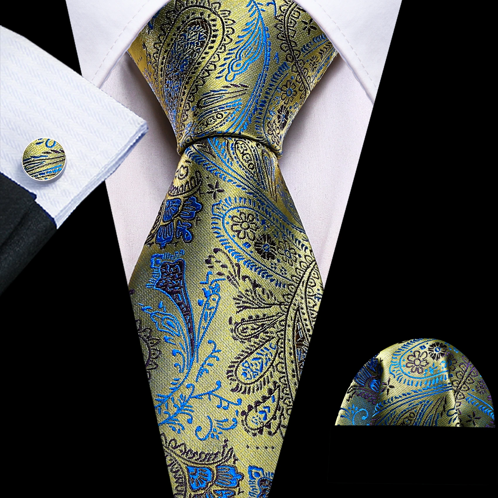 Botanical Floral Paisley Mens Tie Set 3 Piece, With Cufflinks Handkerchief For Wedding Party