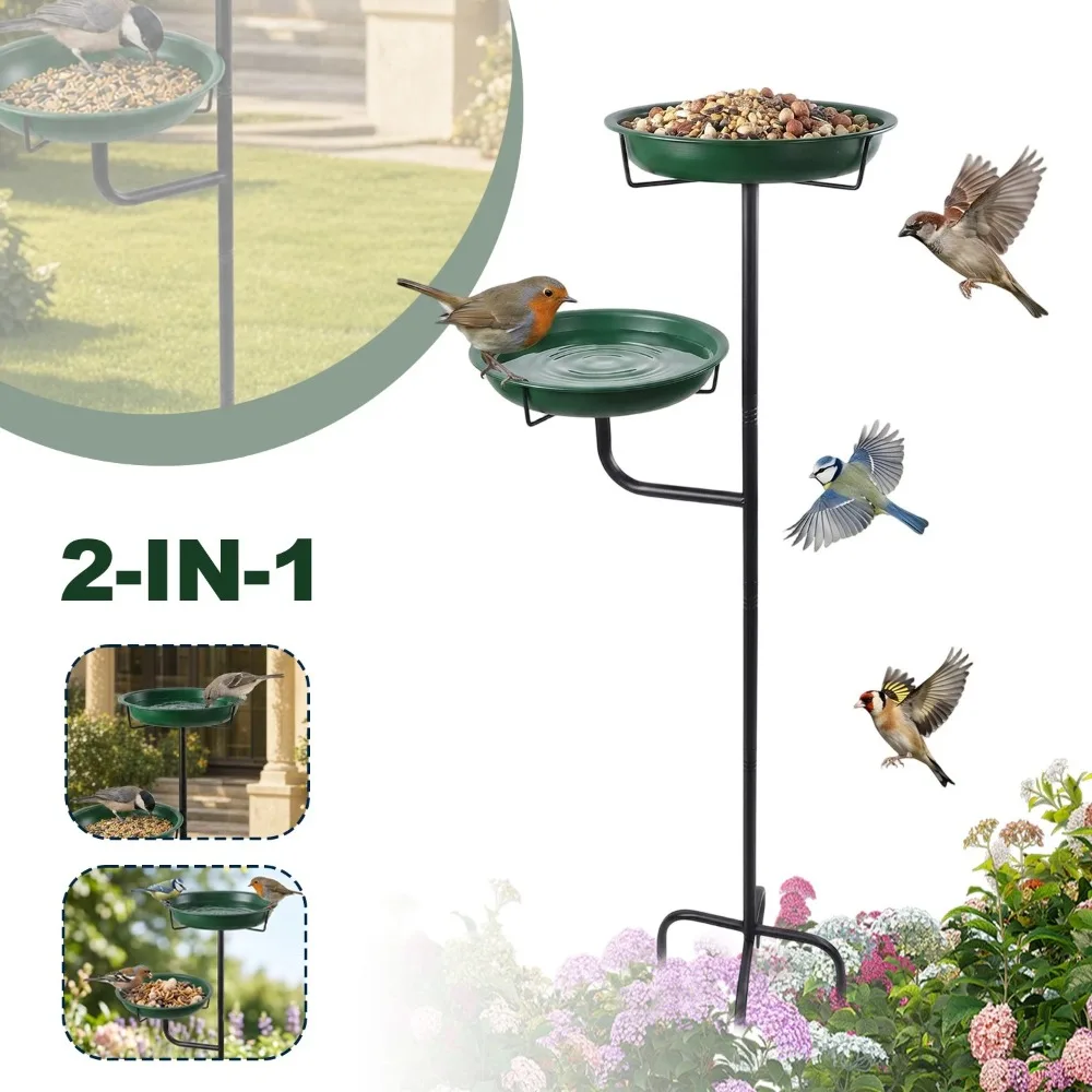 Bain d'oiseaux décoratif en fer forgé avec deux bols métalliques indépendants, station multifonction pour l'alimentation et le bain des oiseaux, élégant ornement de jardin extérieur pour attirer les oiseaux sauvages.