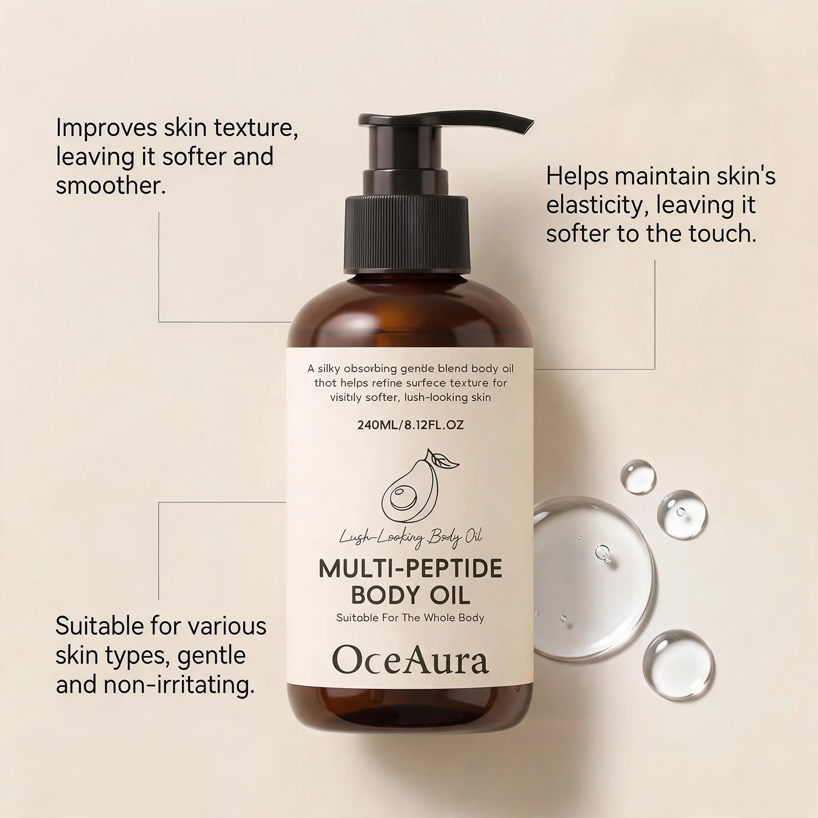 Multi Peptide Firming Body Oil Avocado Extracted Nourish Glow Radiance Skin Tightening Anti Aging Moisturizing Massage Body Oil