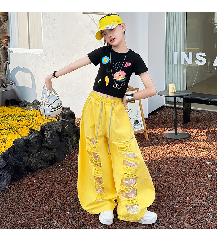 Teenager-Mädchen Mode Street-Style Y2K Kleidungsset Outfits für Mädchen Sommer T-Shirt + zerrissene Hosen Streetwear Coole Kinderkleidung Anzug – Detail 7