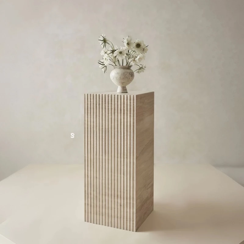 Huangdong marble, single-sided slotted geometry, hexahedron, floor-to-ceiling sculpture, base, ornament pier, display stand,