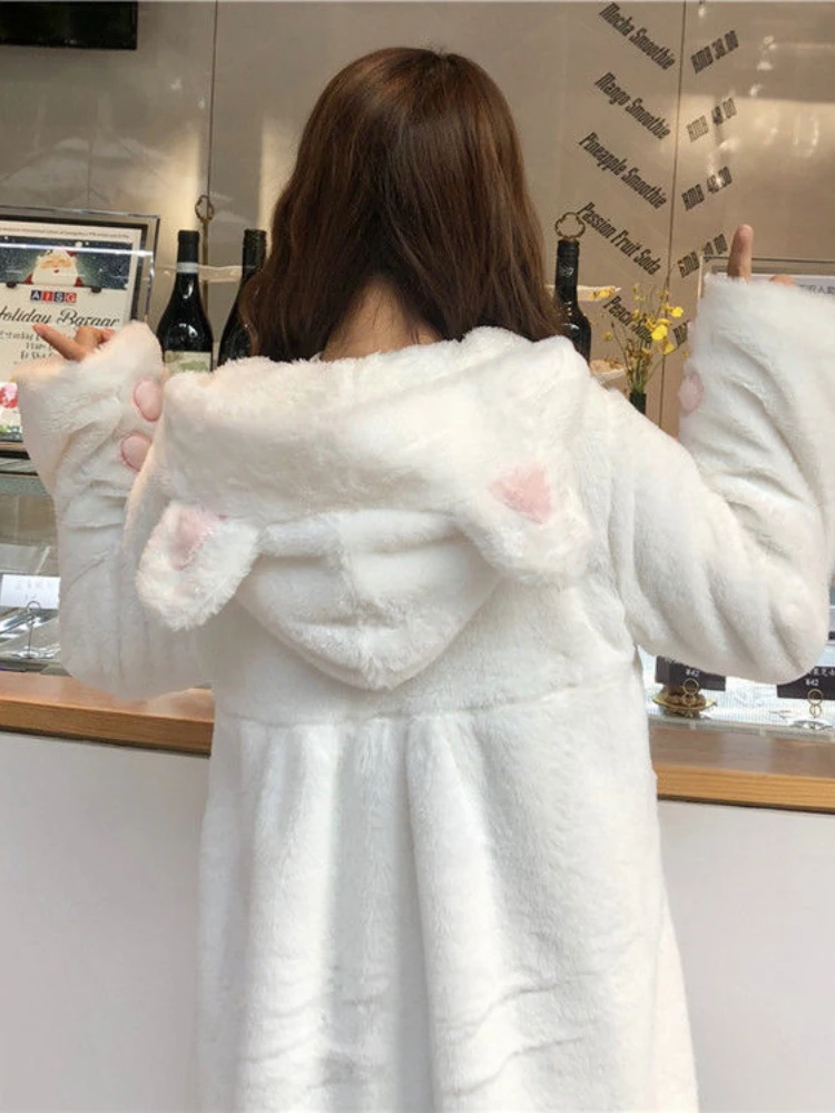 KOSAHIKI Jacket Women Lolita Fleece-lined Girl Soft Kawaii Cat Ear Hat Cute White Coat Japanese Harajuku Preppy Faux Fur Jackets