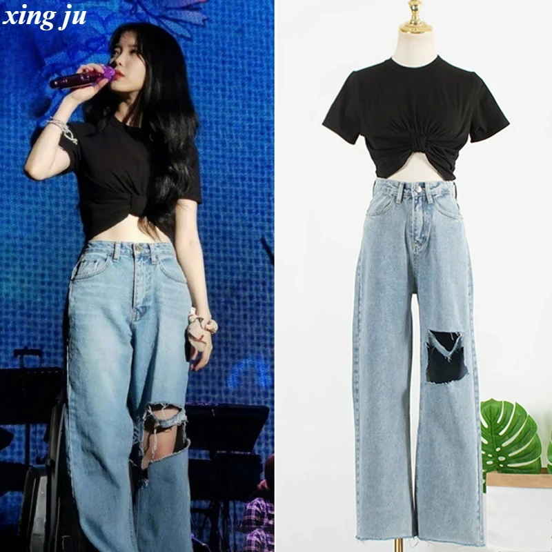 

Kpop Korean Singer Women Streetwear Black Sexy Crop Tops Loose Jeans Dancer Outfits Jazz Dancewear Hip Hop Clothes Stage Costume
