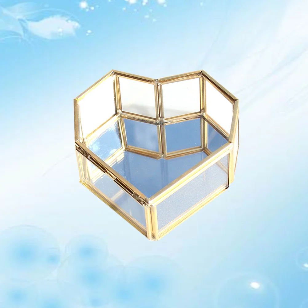 

Glass Ring Box Heart Shape Geometric Design Noble Golden Frame Travel Jewelry Holder Perfect for Special Occasions Decor
