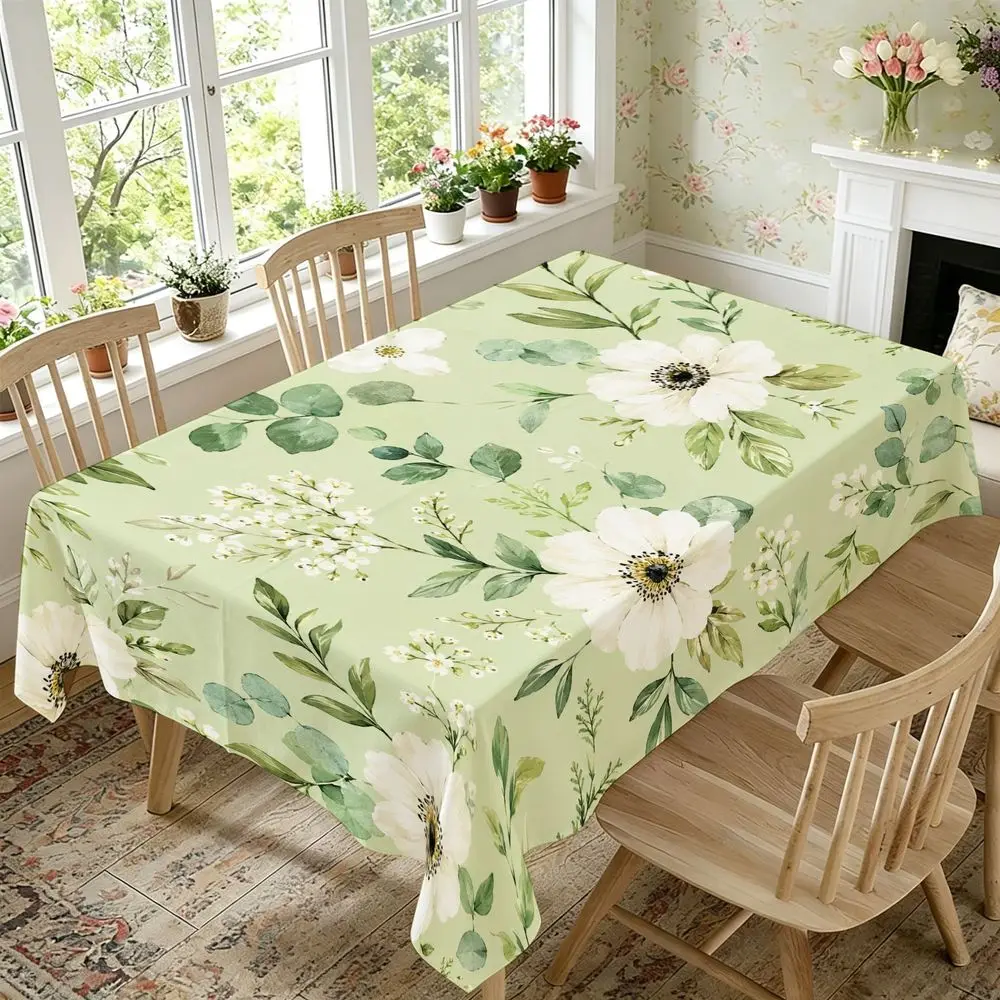 Botanical Print Rectangular Tablecloth, Sage Green Floral Table Cover with White Blossoms And Leaves, Durable Polyester Fabric, Elegant Dining Decor for Farmhouse Kitchen, Wedding, Spring And Summer Party, Easy Care Table S