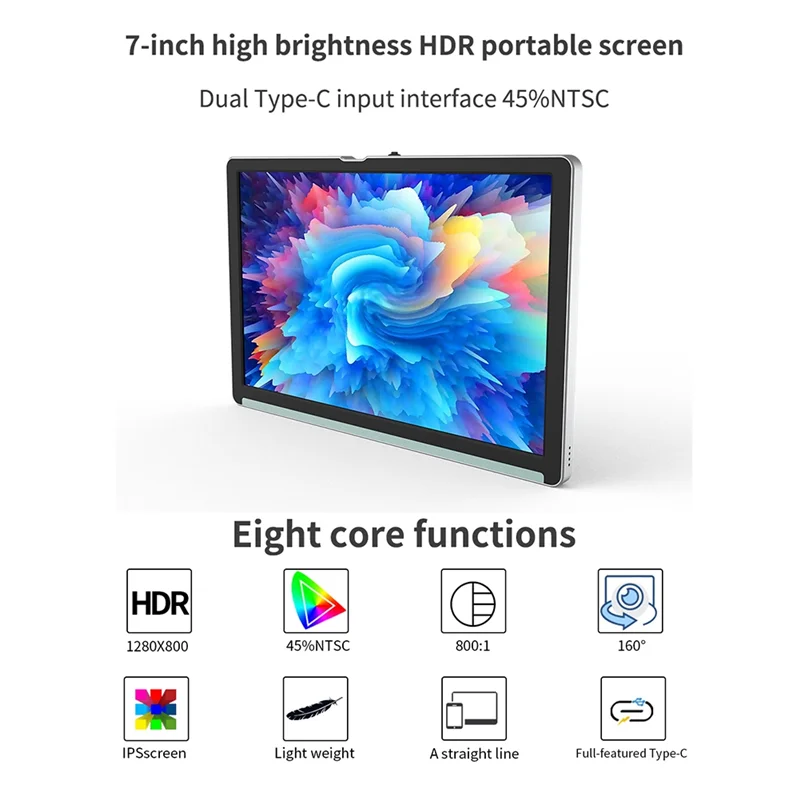 Monitor Portátil HD, Monitor de Jogos Compatível com HDMI Tipo C, 1280x800 para Switch Laptop, Plug EUA, 7"