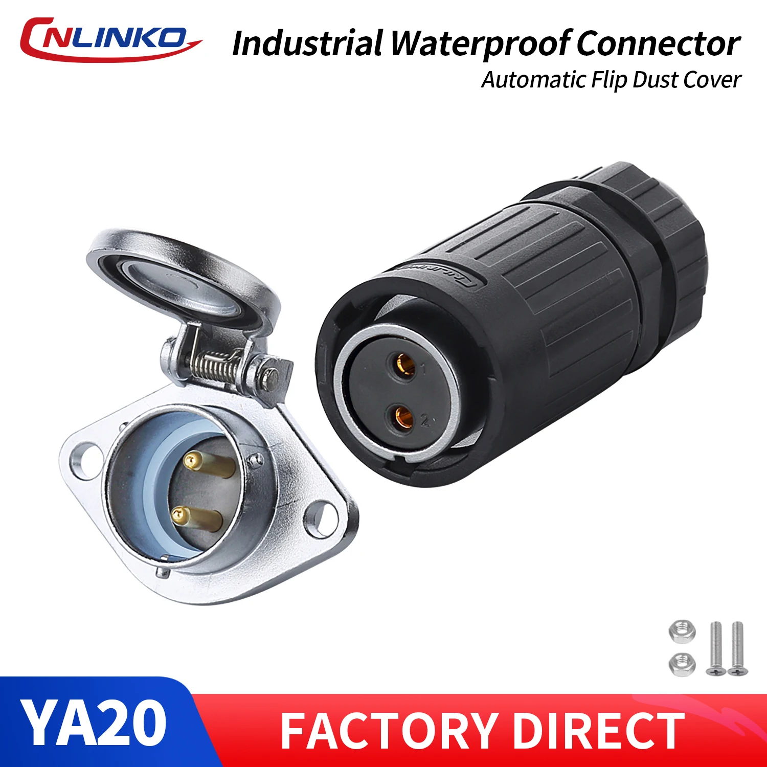 CNLINKO YA20 2Pin Waterproof Connector 20A 500V Solder Type Female Plug+ Panel Socket with Automatic Cap for Outdoor Electronics