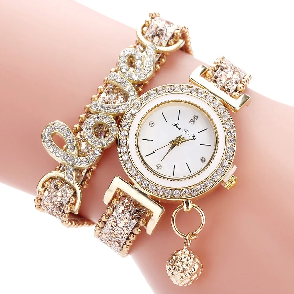 Hot Sale Fashion Love Style Rhinestone Wrap Leather Women Wrist Watch women watches luxury