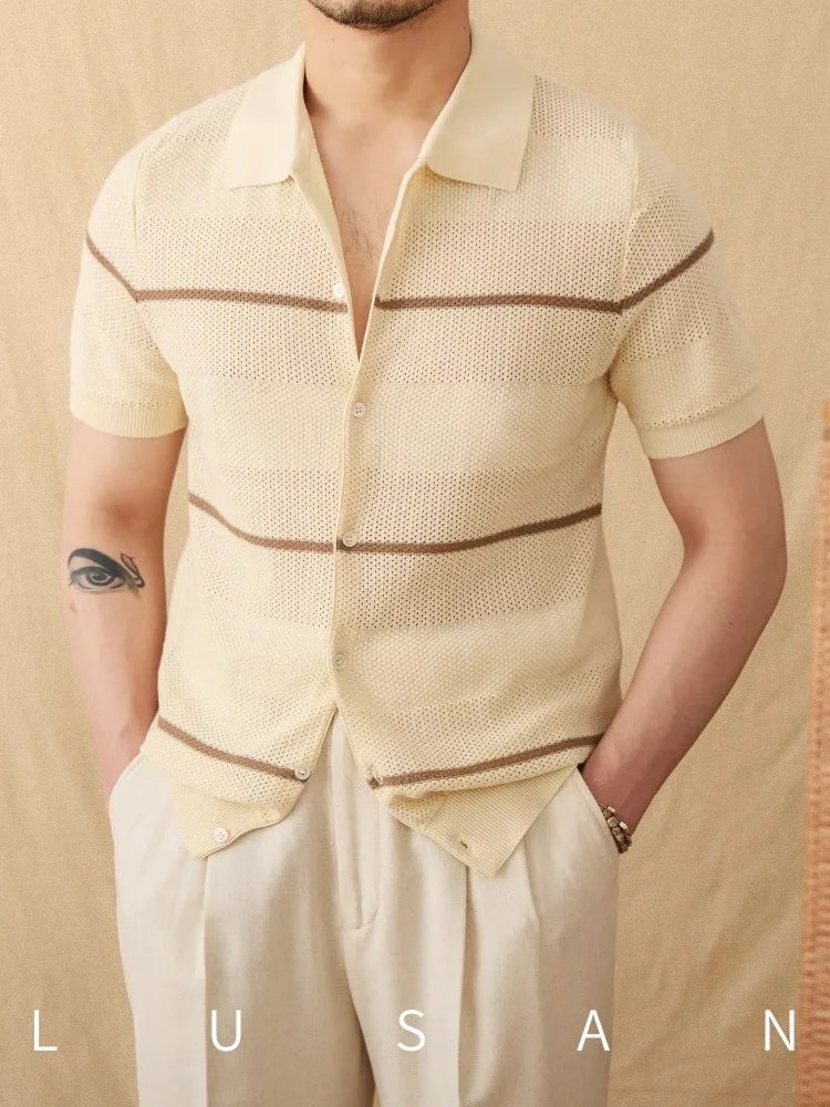

Men's Italian Linen Cotton Knit Cardigan - Summer Lapel Short Sleeve Casual Beach Cover Up