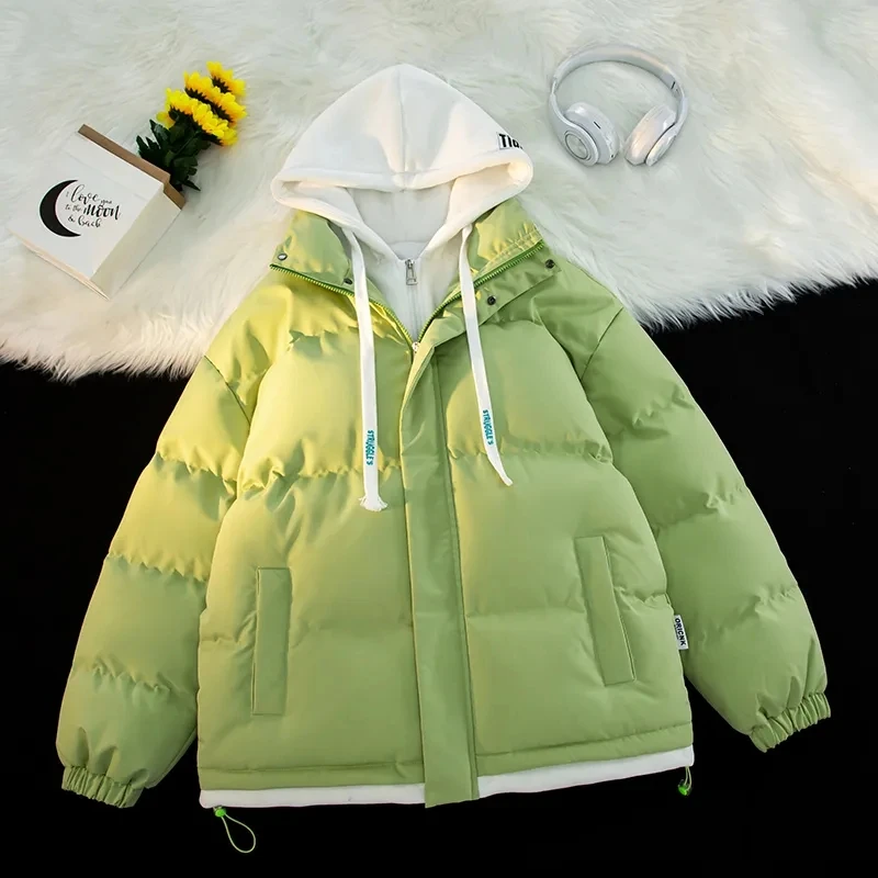 

Winter New Men'S And Women'S Plus Velvet Thicken Cotton Coat Warm Stand Collar Color Matching Couple Fake Two-Piece Parkas Coat