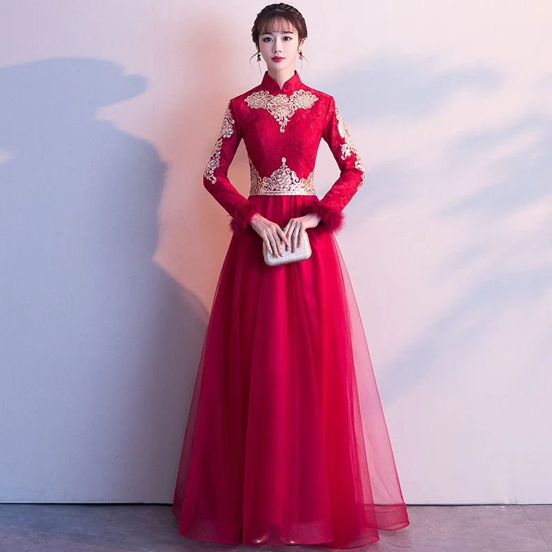 

Burgundy Wedding Party Cheongsam Oriental Evening Dress Chinese Traditional Womens Elegant Qipao Sexy Satin Robe Retro Vestido