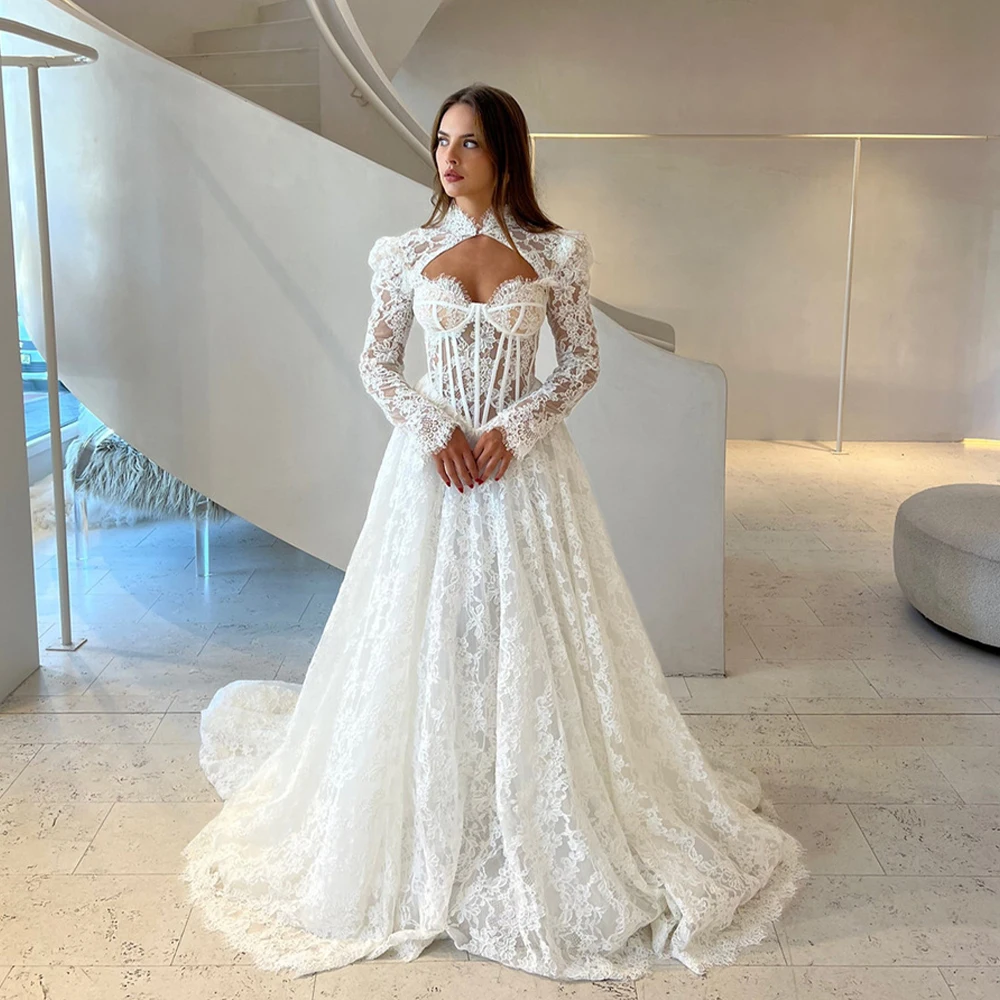 Maßgeschneidertes elegantes Hochzeitskleid mit Stehkragen, Spitzenkorsett, Brautkleid, lange Ärmel, Blumenspitze, A-Linie, Brautkleid mit Schleppe