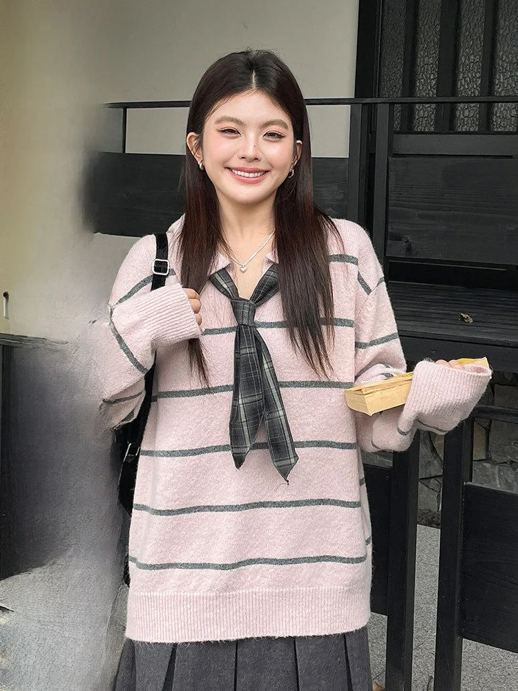 

plus Size Women's Faionable Striped Knit Ne Sweater Casual Sle Autumn Winter Warm Long Sve Slimming Top