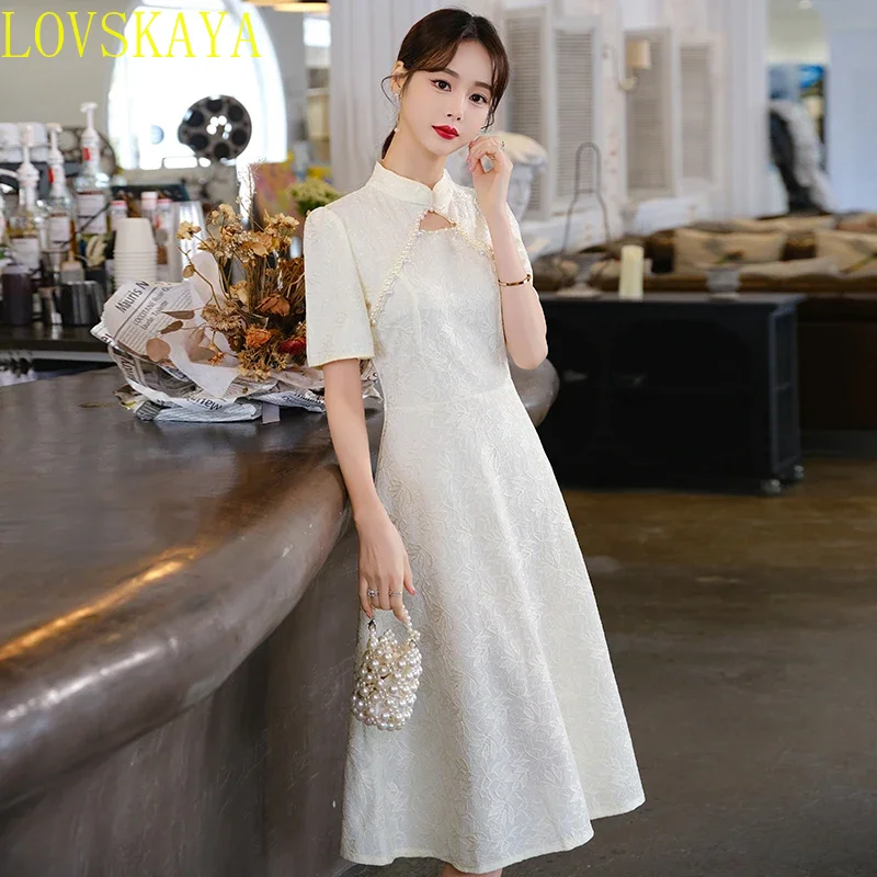 Summer New Retro Short Sleeve Wedding Lace Cheongsam Chinese Traditional Modern Women Qipao Dress