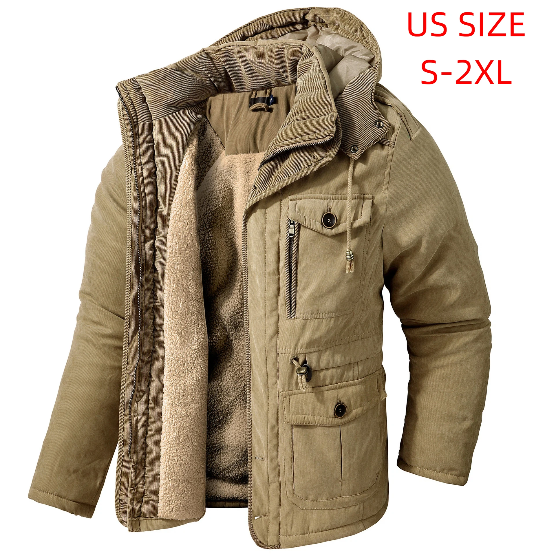 

Mens Winter Jacket Outdoor Warm Work Coat Sherpa Lined Hoodie Heavy Duty Long Parka Multiple Pockets Windproof