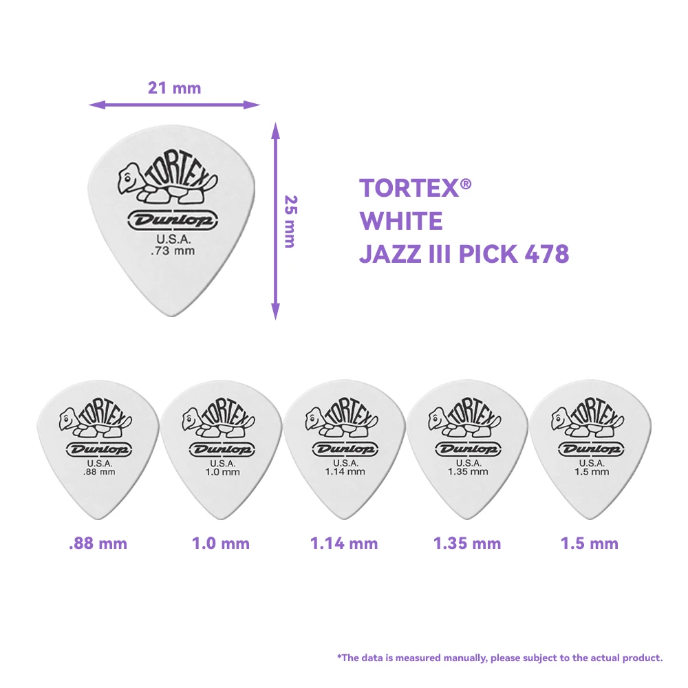 Dunlop Guitar Picks 478R Tortex White Jazz III Pick 0.73/0.88/1.0/1.14/1.35/1.5 mm, USA Original Guitar Accessories
