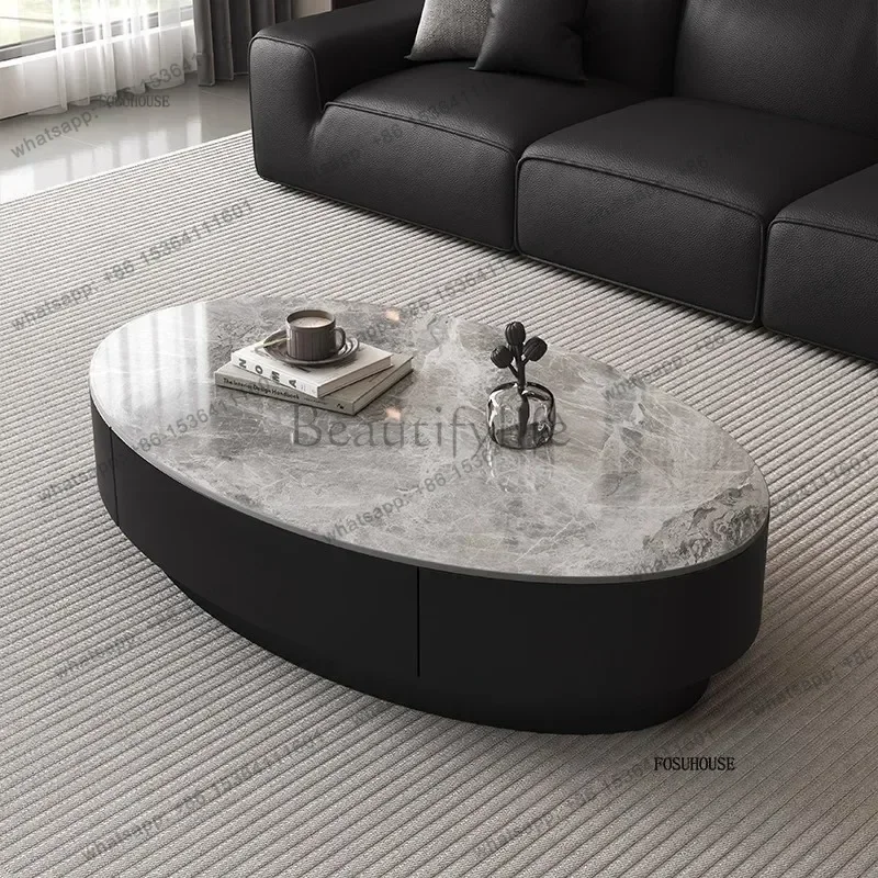LSSleek Elegant Slab Coffee Table Italian Simple Design Oval High End Space Saving Modern Compact Living Room Furniture Stylish