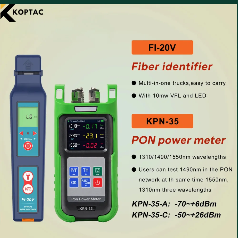 

Live Fiber Identifier Komshine FI-20V 2-in-1 Optical Tester with 10mW VFL and KPN-35 PON Power Meter for 1310/1490/1550nm