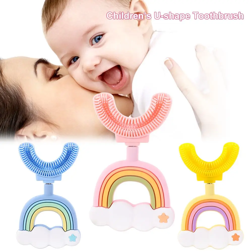 Cepillo de dientes suave para el cuidado de la salud Oral del bebé, cepillo de dientes para niños de arcoíris, limpieza a fondo de 360 °, cepillo de