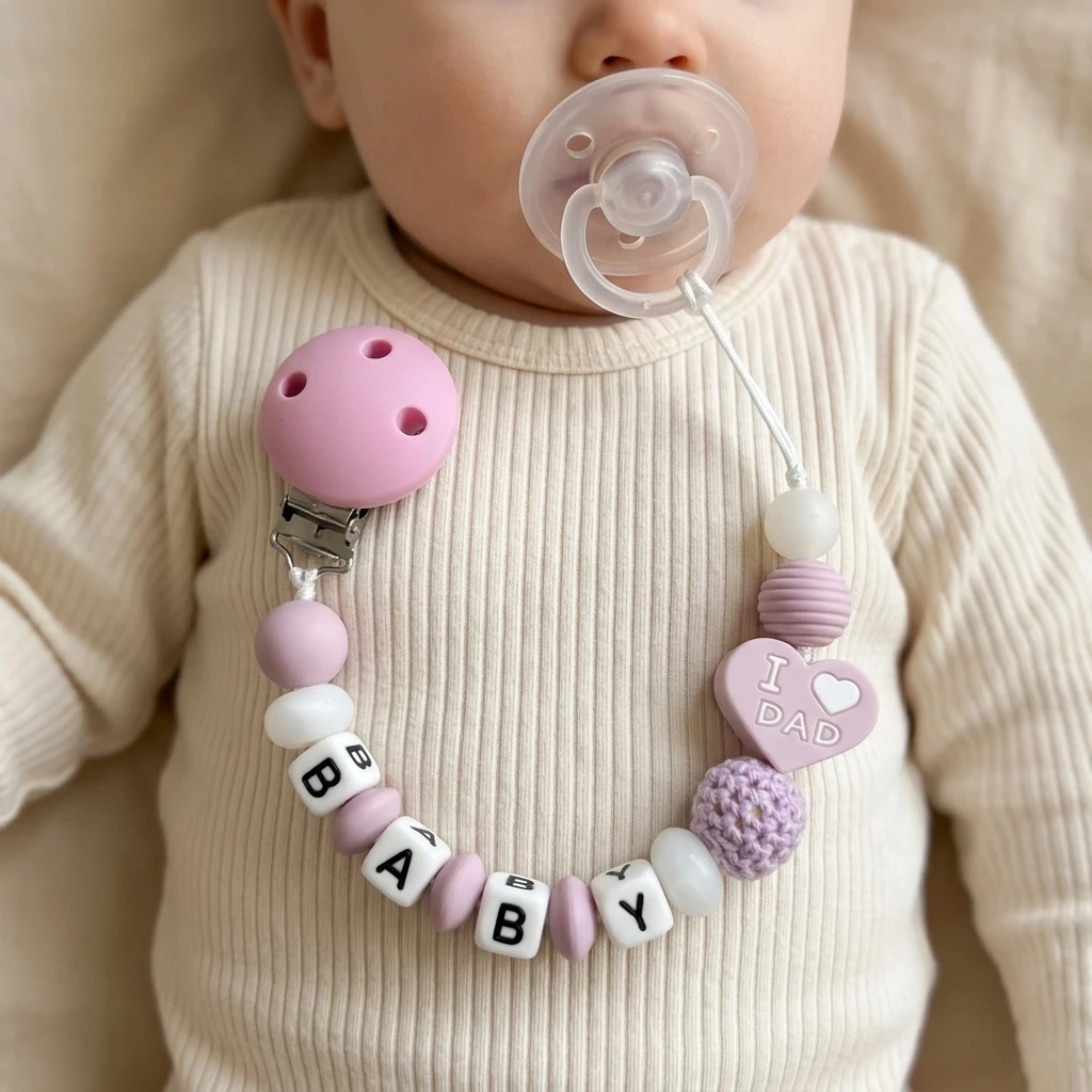 Handmade Custom Name Pacifier Clip BPA Free Silicone Teething Chain Purple Dummy Holder I Love Dad Baby Shower Gift