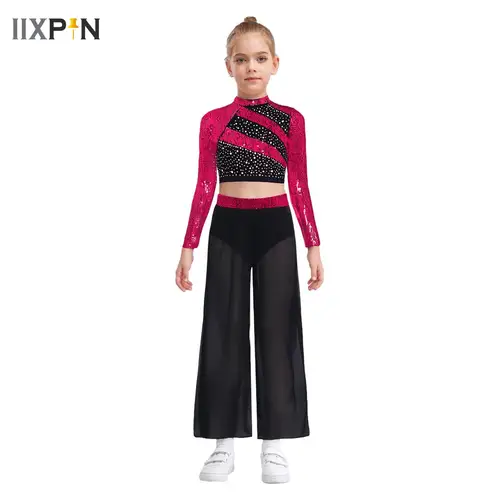 Traje de baile moderno para niñas, traje de actuación de danza clásica lírica latina, Top corto de lentejuelas + falda de gasa, conjunto de pantalones
