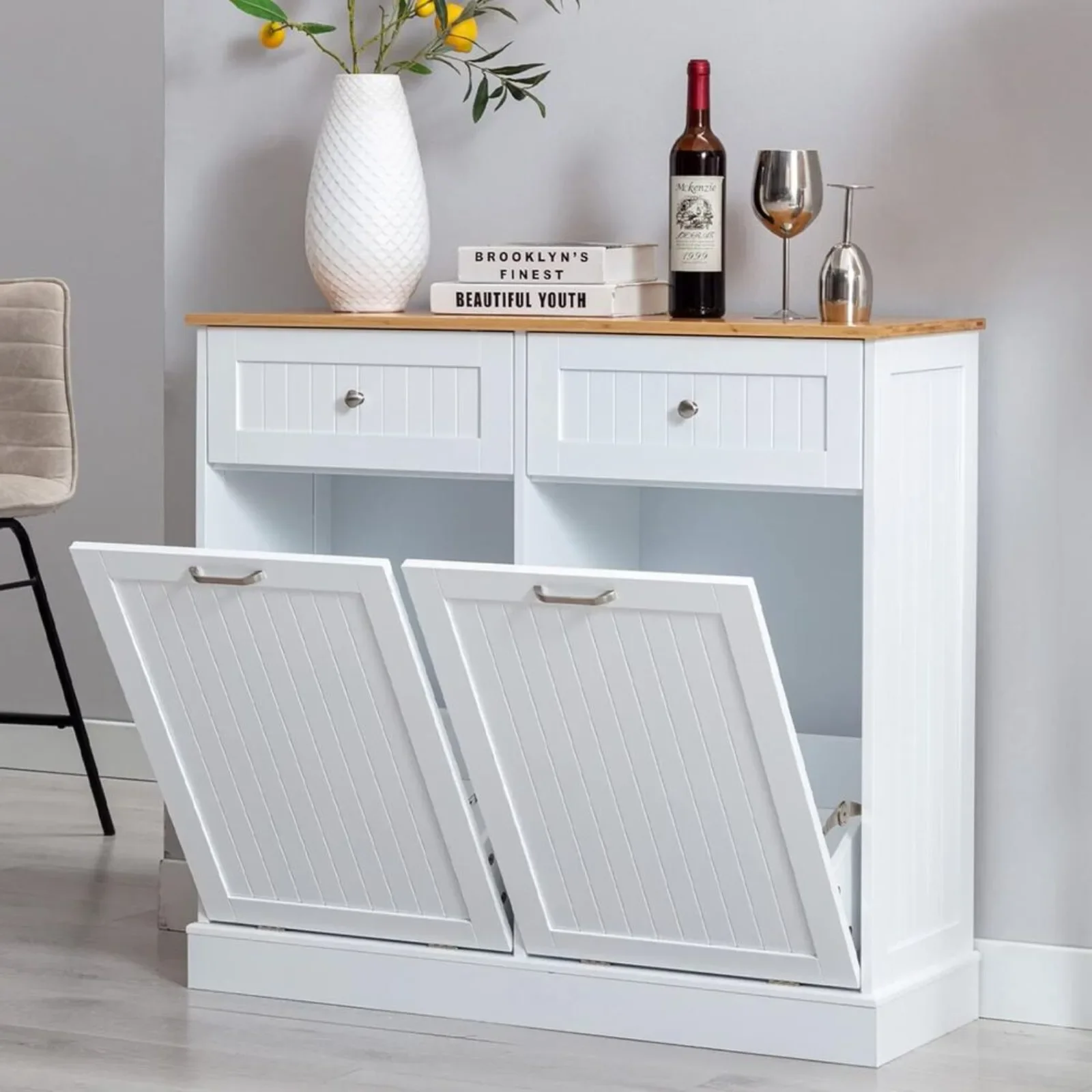 Tilted garbage cabinet, wooden kitchen garbage collection cabinet with drawers