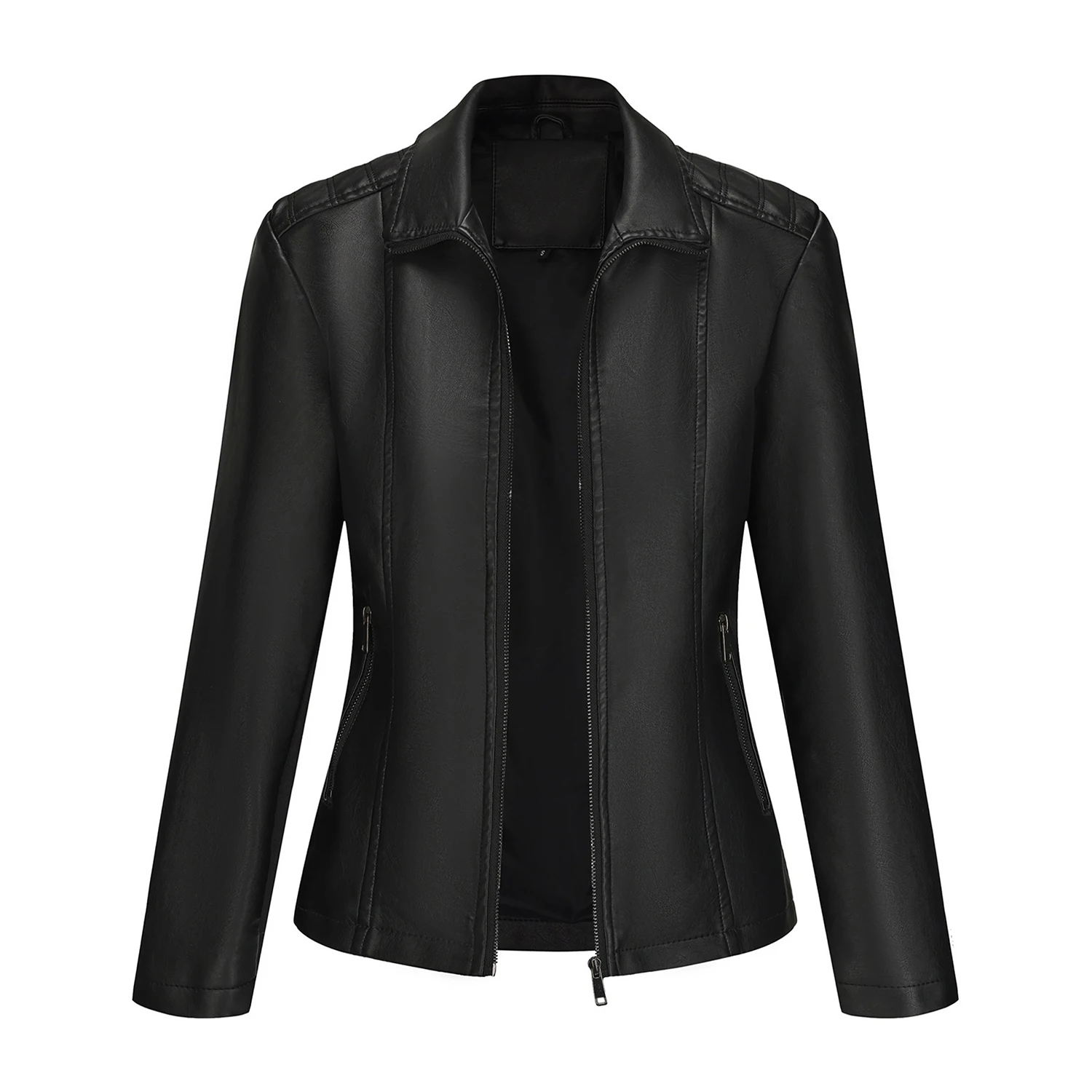 Faux Leather Jacket for Women Turn Down Collar Coat Slim Fit Black Casual Biker Coat with Pockets Spring Autumn Outerwear