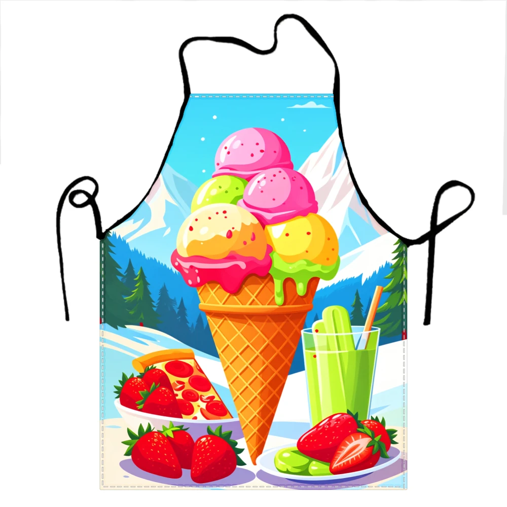 Colorful Ice Cream Cone Apron With Mountain Scene And Fresh Fruits Design For Kitchen Cooking And Baking