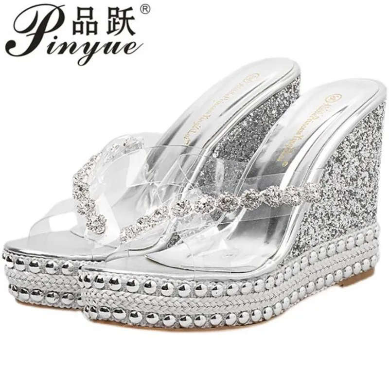 11cm Luxury Women Slippers Rhinestone Platform Wedges Heel Rivet Peep Toe SummerFashion Slides Casual Ladies sandal 34 39