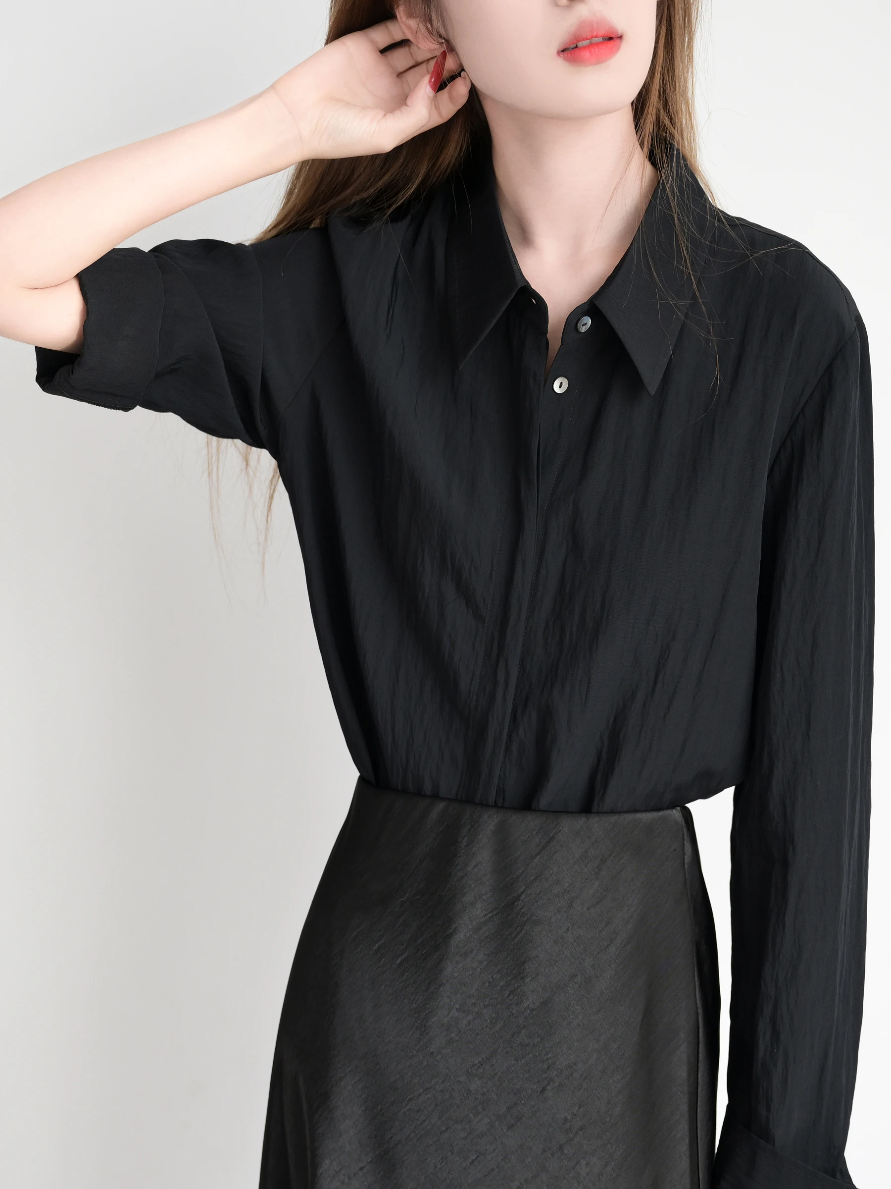 

TRR Chic Long Sleeve Women's Shirt Vertical Texture Paper Person Style OL Commute Fashion Cotton Stretchy Striped Shirt