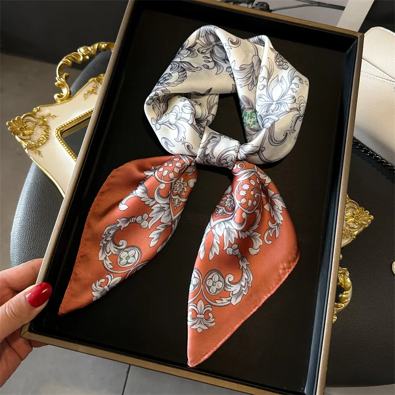 2024 Spring/Summer New70*70cm Square Scarf Breathable Flower  Print Neckerchief Women’s Classical Imitation Silk Bandannas