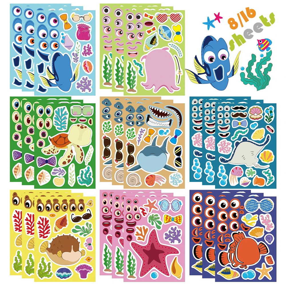 8/16Sheets Make a Face Ocean Animal Puzzle Stickers Create Your Own Shark Turtle Children Sea Themed Game Jigsaw Kids Toys Gifts