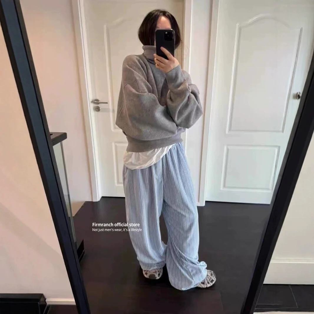 Firmranch New 2025 Blue Color-woven Striped Loose Straight-leg Casual Fleece Fabric Sleep Pants Sweatpants Casual Long Trousers view 4