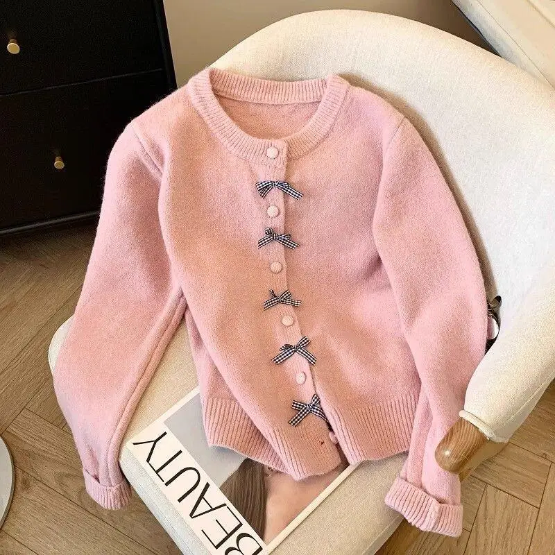

Women's Sweater Autumn Winter French Bow Sweater Cardigan Women Spring 2025 New Lazy Style Soft Knitted Sweater Coat Cute tops