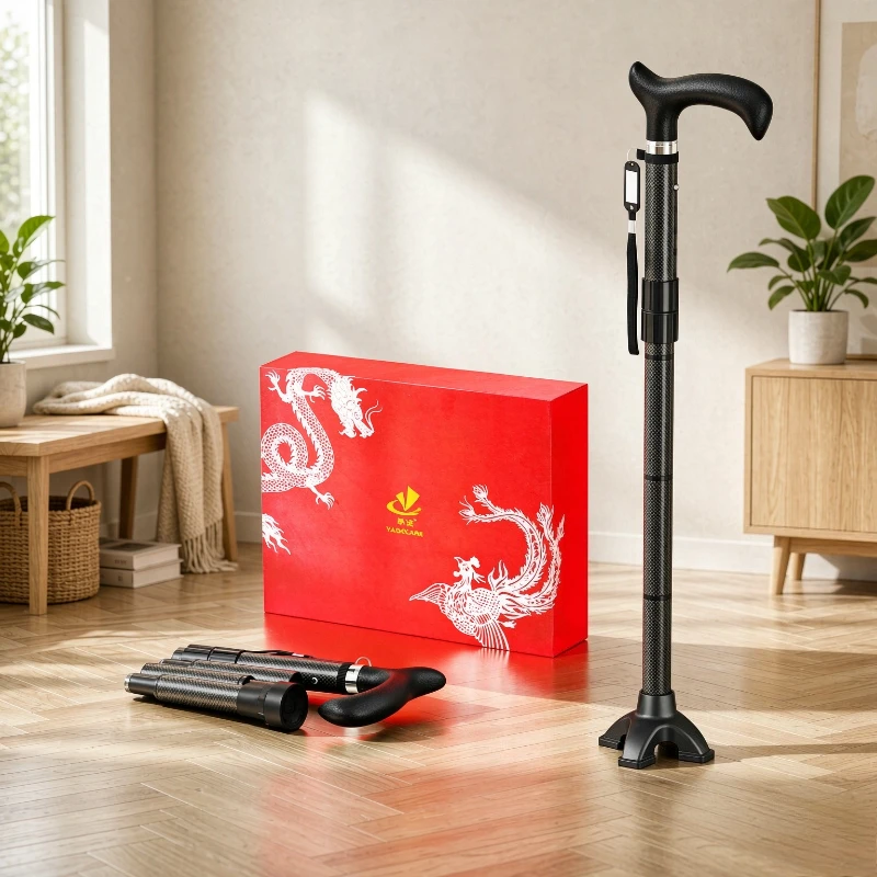 Carbon Fiber Folding Walking Cane Rubber Non Slip Tip Shock Absorbing Lightweight Hiking Support Gift Box for Seniors 지팡이