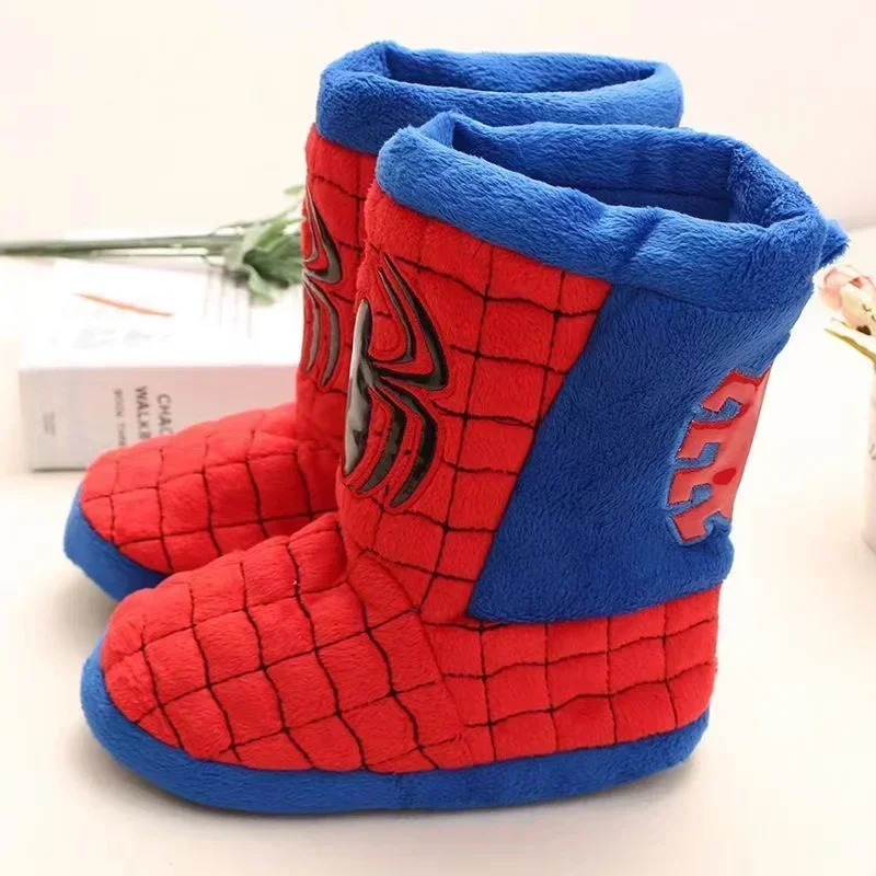 Fashion Kids Winter Slippers Baby Boys Cartoon Disney Spider Man Long Boots Children Girls Cotton Infant Indoor Home Warm Shoes