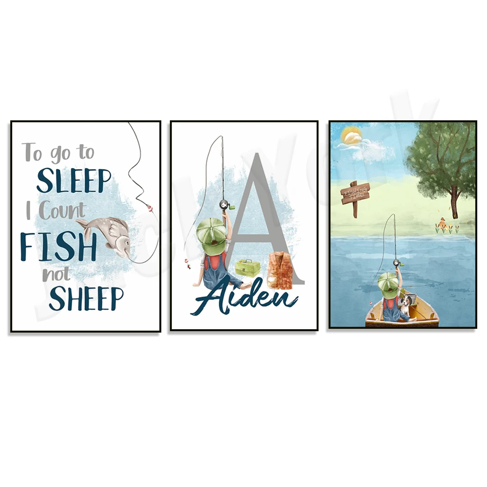 Ich zählende Fische, während ich schlafe, Angelposter für das Kindergarten kleiner Junge und einen Hund, rustikale Outdoor-Druck, Angelkunst,