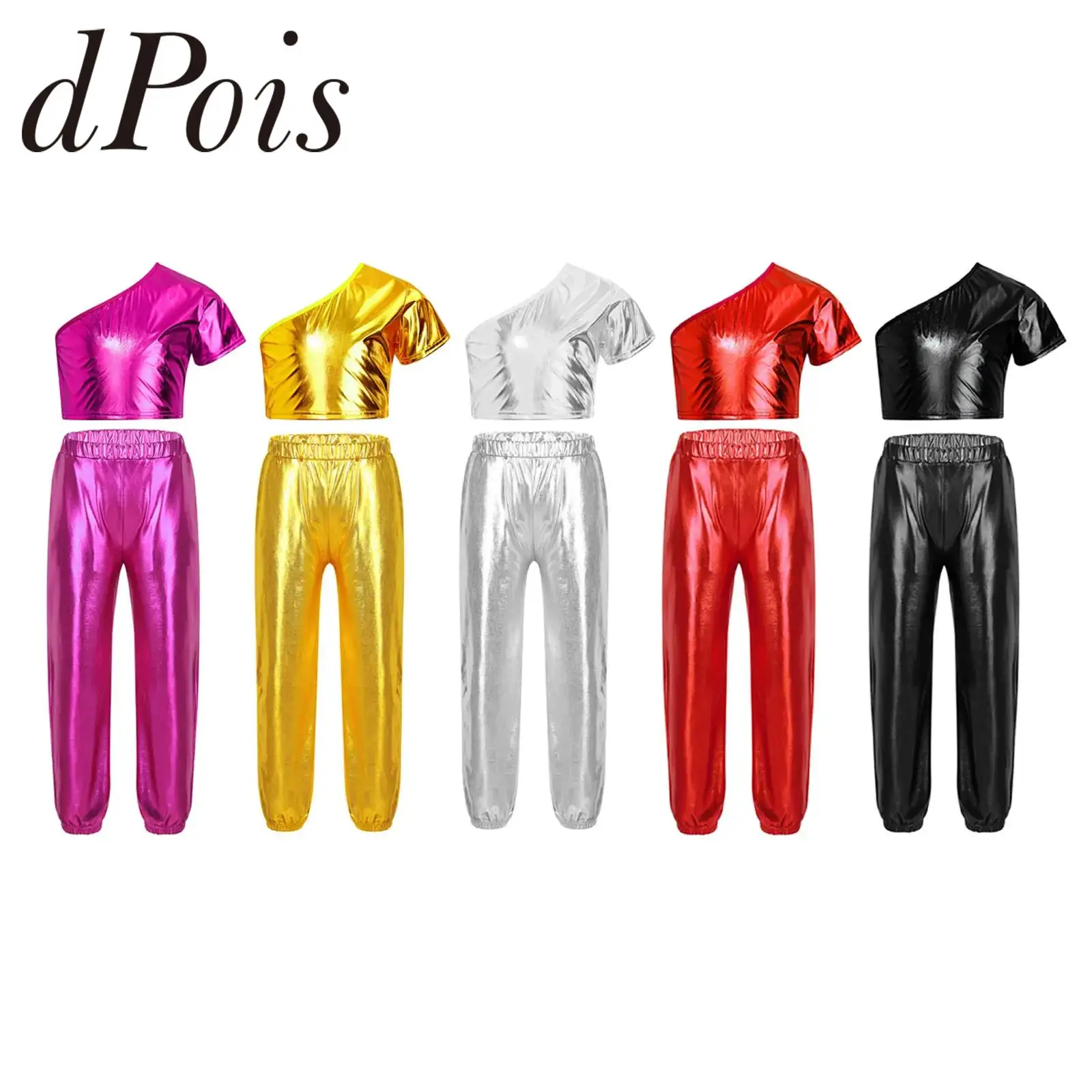 

Kids Girls Metallic Hip Hop Clothes Streetwear Crop Top T-shirt Pants Teens Dancewear Set for Jazz Dance Performance Costumes