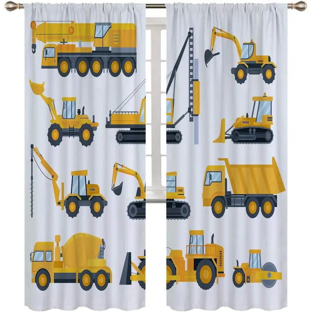 Blackout Window Curtains with Yellow Truck, Excavator, Bulldozer Cartoons for Kids' Rooms, 84x84 Inches