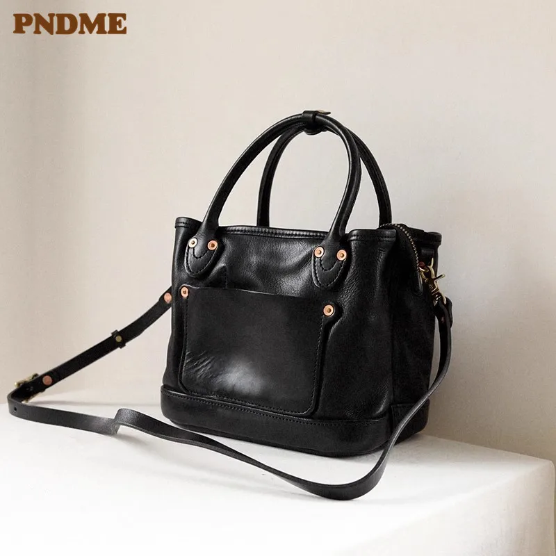 PNDME casual high quality genuine leather women\'s black handbag fashion luxury real cowhide female shoulder crossbody bag