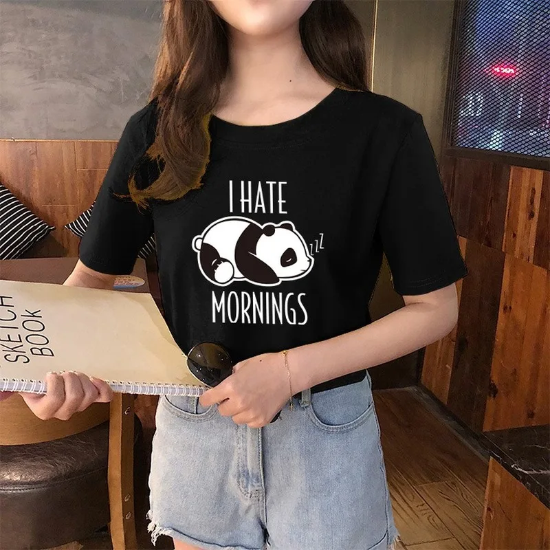 Women Summer Panda Letter Print T Shirts O Neck Short Sleeve Tops 2024 New Fashion Loose Casual Tees Y2k Indie Solid Colors Cute