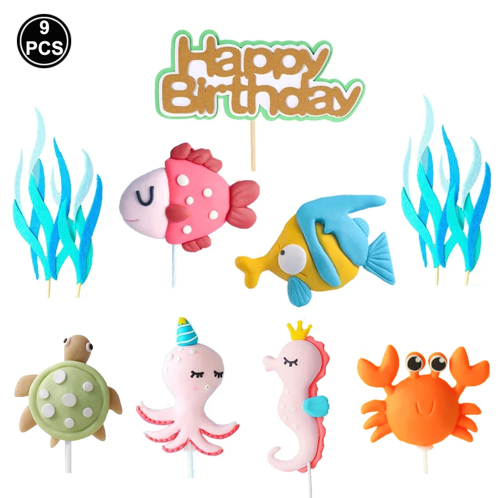 9Pcs Ocean Animals Sea Cake Toppers Birthday Cake Decoration Baby Shower Party Supplies Ocean Theme Birthday Party Decorations